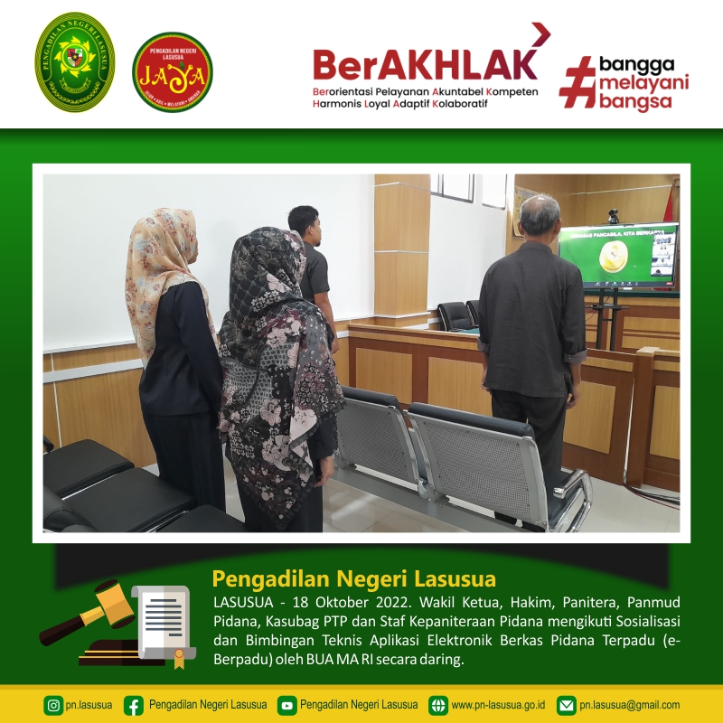 Wakil Ketua, Hakim, Panitera, Panmud Pidana, Kasubag PTP dan Staf Kepaniteraan Pidana mengikuti Sosialisasi dan Bimbingan Teknis Aplikasi Elektronik Berkas Pidana Terpadu (e-Berpadu) oleh BUA MA RI secara daring